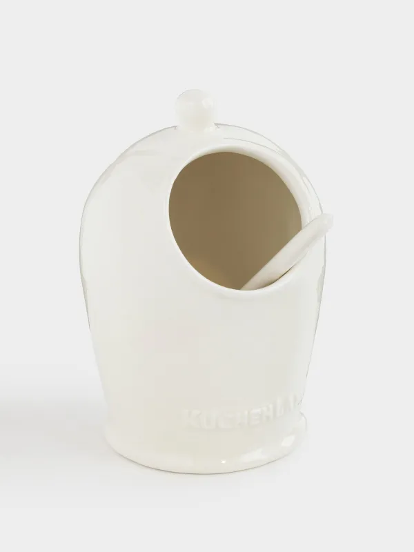 Salt container, 15 cm, with spoon, ceramic, milky beige, speckled, Ceramo speckled, image-1