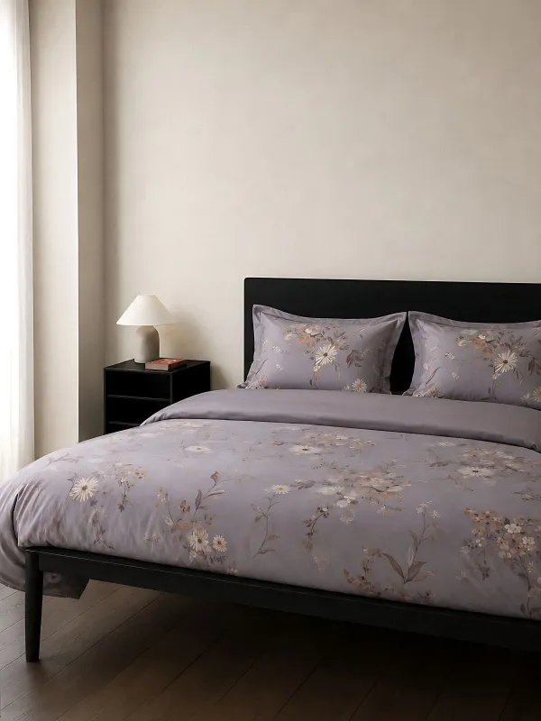 Bed linen set, euro, Tencel 300 TC, grey, Flowers and leaves, Tencel, image-0