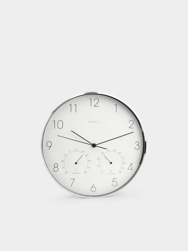 Wall clock, 31 cm, with thermometer and hygrometer, plastic / glass, round, white, Dial, image-0