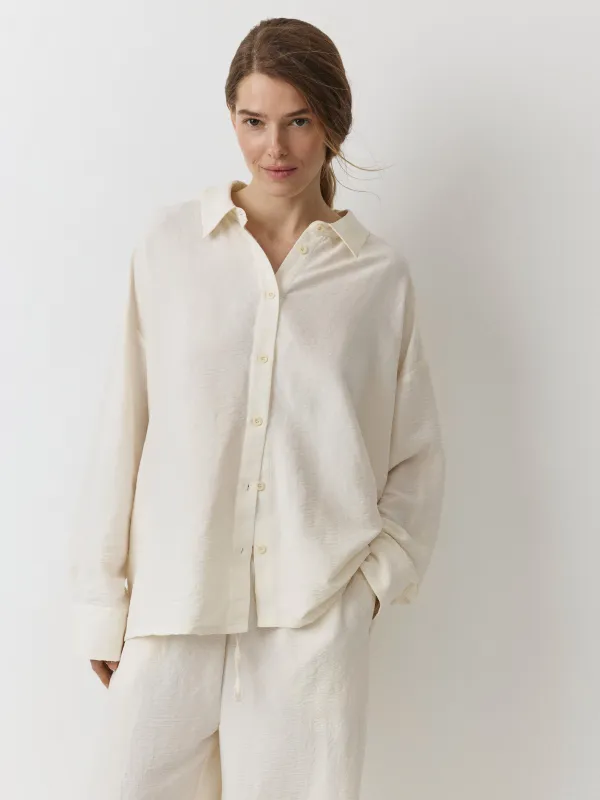 Women's shirt, homewear, size L, with long sleeves, polyester, milky, Marlla, image-2