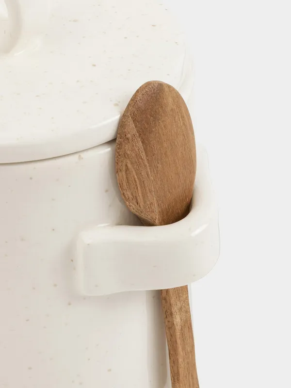 Storage container, 16 cm, 750 ml, with spoon, ceramic / wood, milky, speckled, Delicia, image-3