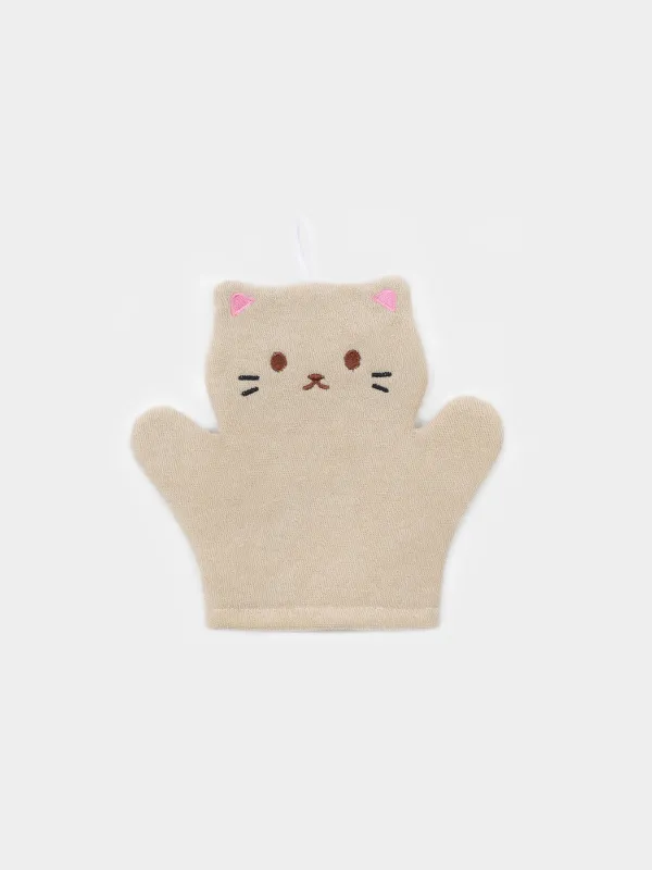 Sponge-mitten for washing the body, 20x20 cm, children's, polyester, beige, Cat, image-0