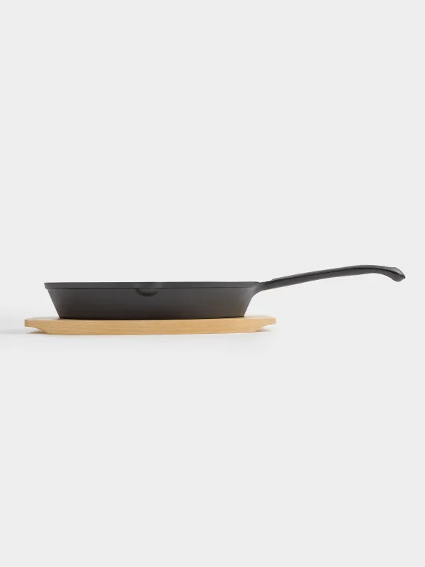 Frying Pan with base, 25 cm, cast iron/wood, round, black, Authentic, image-2