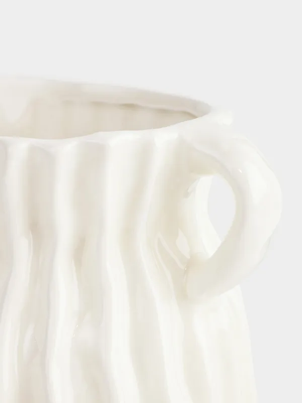 Flower vase, 18 cm, with handles, ceramic, White, Textured lines, Wavy, image-2