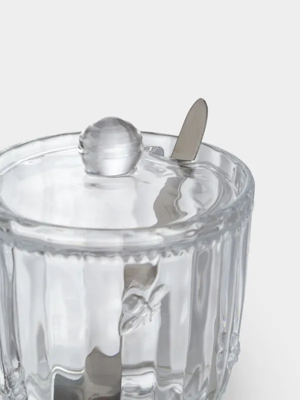 Sugar bowl, 12 cm, 370 ml, with spoon, glass R / steel, Honey, image-3