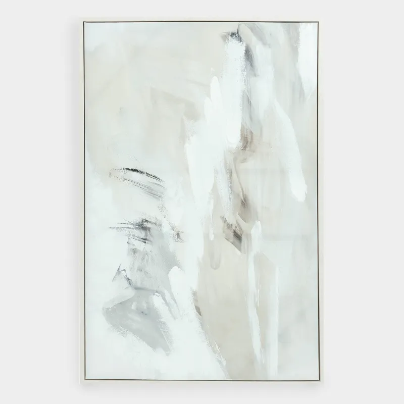 Framed painting, 80x120 cm, canvas, white and beige, Strokes, Abstract
