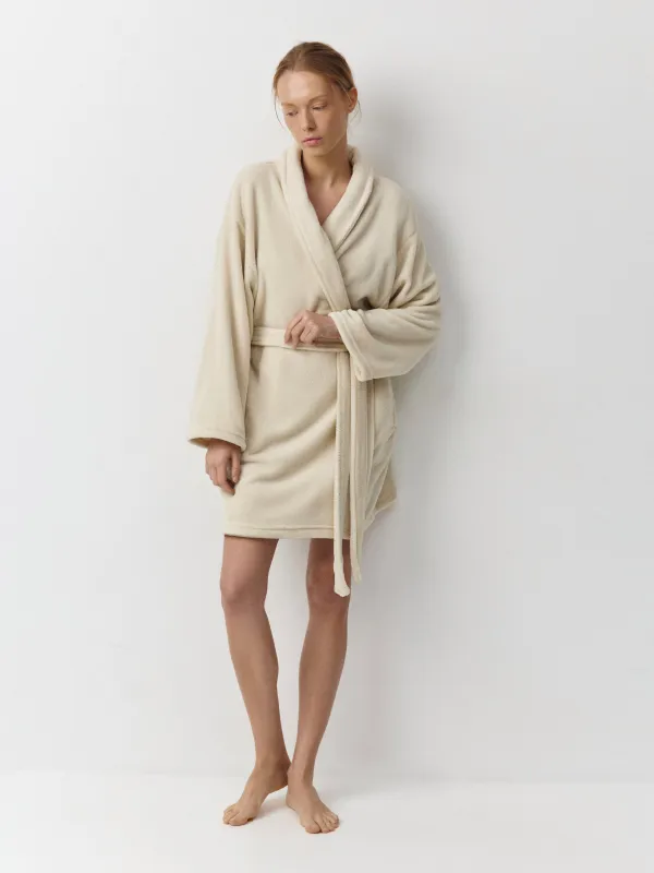 Bathrobe for women, homewear, size S/M, with long sleeves, fleece, milk, Letisha, image-1