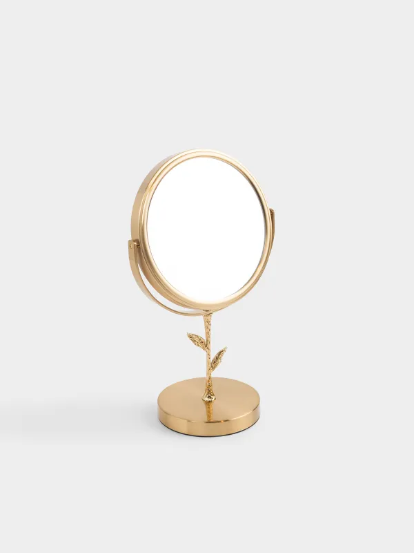 Table mirror, 30x18/15 cm, double-sided, on a leg, metal, round, gold, Freya, image-0