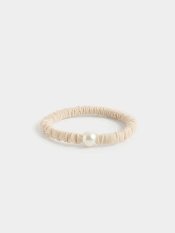 Hair tie, 5 cm, 2 pcs, polyester / plastic, beige, Pearl, Pearl hair, image-1