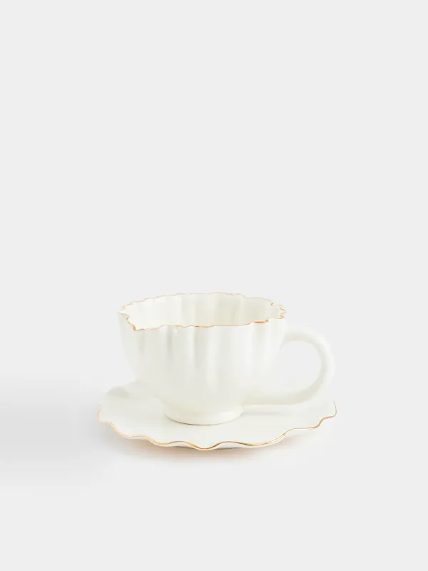 Tea pair, 1 person, 2 items, 350 ml, porcelain P, with golden edging, Crumpled effect, Crumple gold, image-0