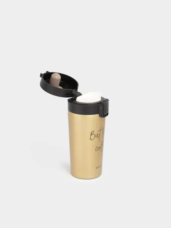Thermo mug, 380 ml, steel / plastic, gold, matte, But first, cofee, Voyage, image-1