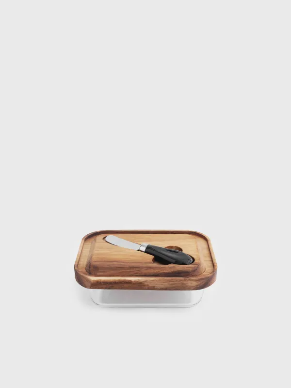 Butter dish, 18 cm, with knife, wood/glass / steel, rectangular, Noble tree, image-1
