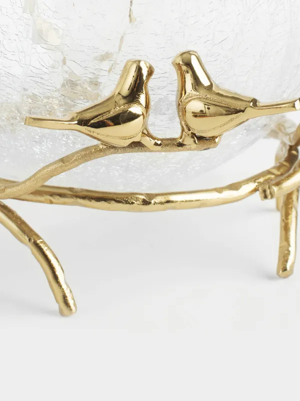 Deep dish, 21x9 cm, on a stand, glass / metal, golden, Birds, Fantastic gold, image-2