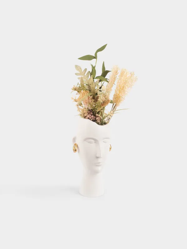 Flower vase, 34 cm, decorative, ceramic, white, Girl with golden earrings, Face, image-4