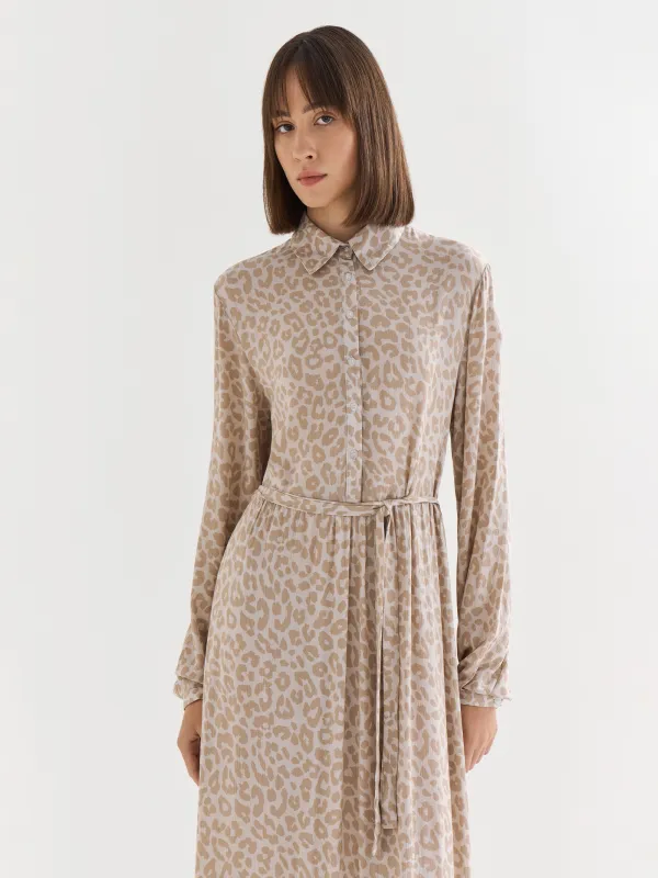 Women's dress, maxi, size L, with long sleeves, viscose, Gray-beige, Leopard, Becky, image-1