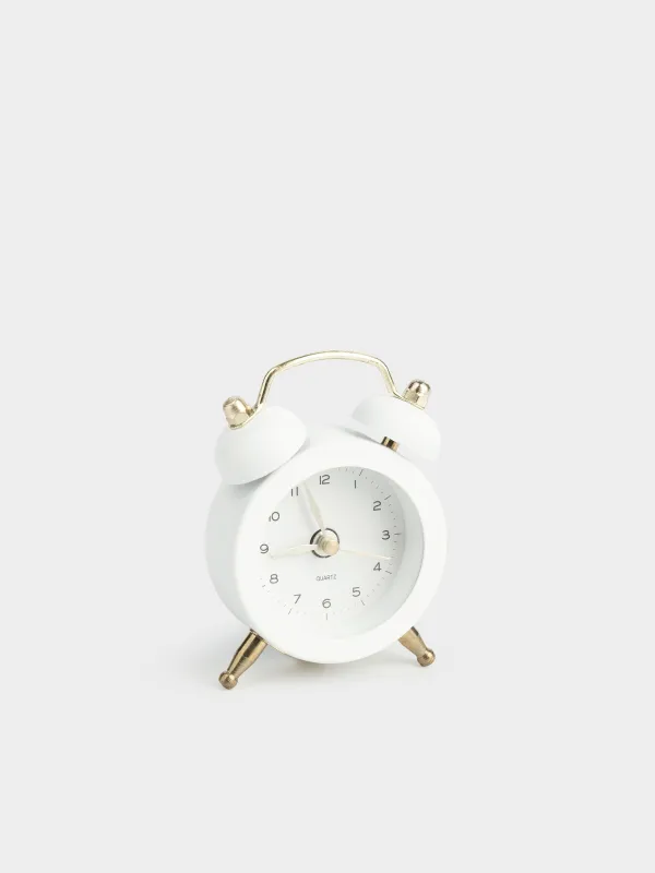 Alarm clock, 8 cm, on legs, metal / glass, round, white and gold, Retro, Dial, image-1
