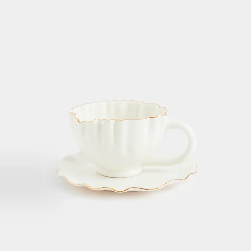 Tea pair, 1 person, 2 items, 350 ml, porcelain P, with golden edging, Crumpled effect, Crumple gold