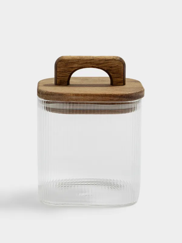 Bulk products jar, 650 ml, glass R / wood, square, Ravi wood, image-0