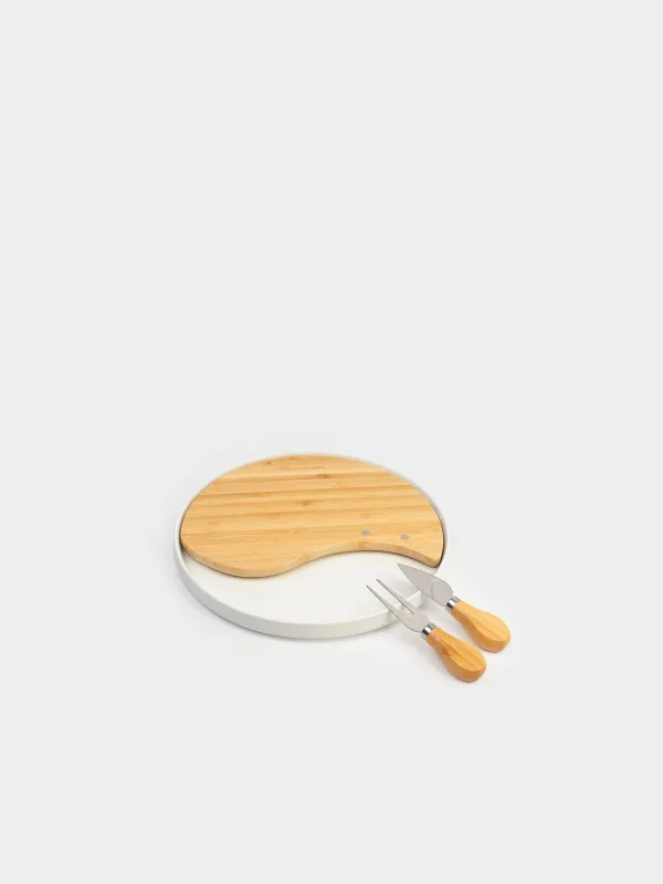 Cheese set, 4 items, dish-board on stand, ceramic / Bamboo, Circle, Cheese, image-0