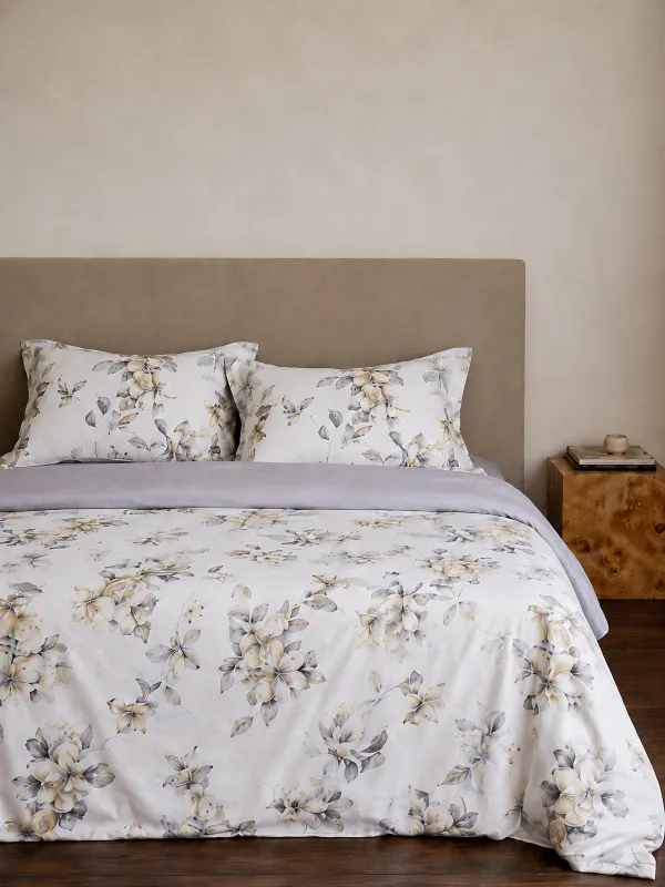Bed linen set euro, Tencel 300 TC, milky gray, Magnolia flowers, Tencel, image-0