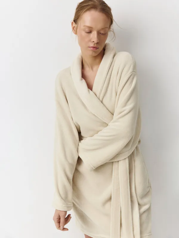 Bathrobe for women, homewear, size S/M, with long sleeves, fleece, milk, Letisha, image-0