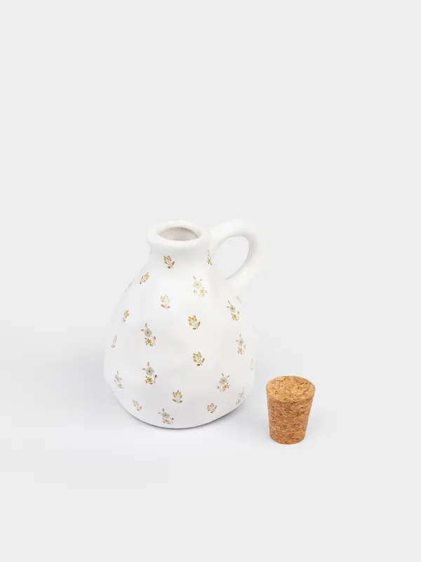 Oil or vinegar container, 350 ml, with handle, ceramic / cork, milky, Vintage flowers, La flore, image-3