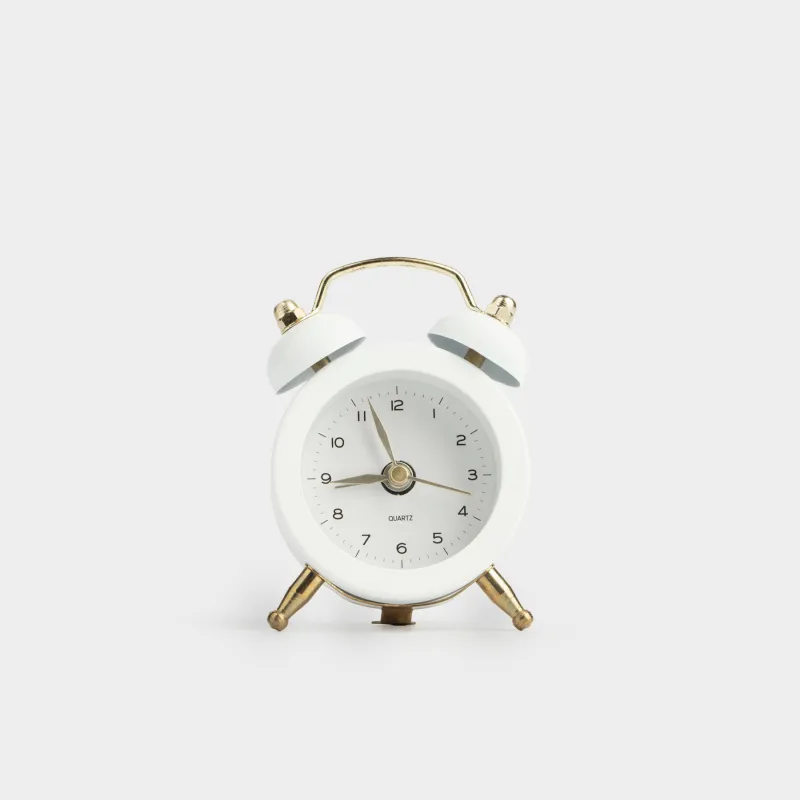 Alarm clock, 8 cm, on legs, metal / glass, round, white and gold, Retro, Dial