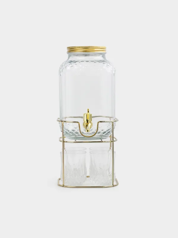 Set for drinks, 4 pers, 5 pr, dispenser on stand, gold, glass / metal, Regale, image-0