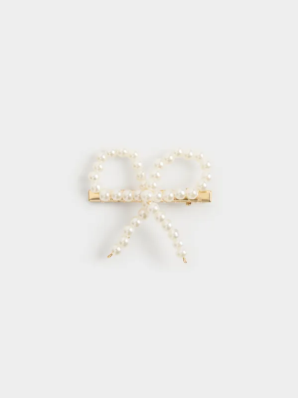 Hair clip, 6 cm, plastic / metal, Pearl bow, Pearl, image-0