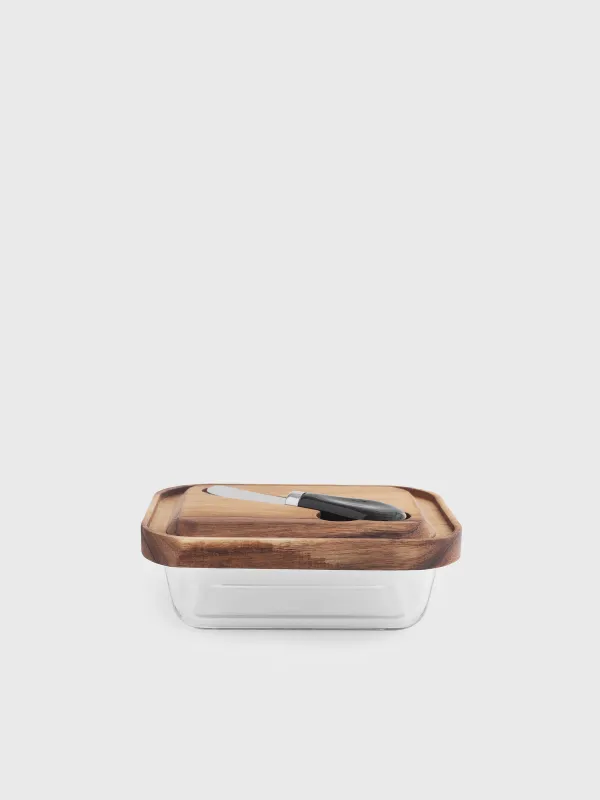 Butter dish, 18 cm, with knife, wood/glass / steel, rectangular, Noble tree, image-0