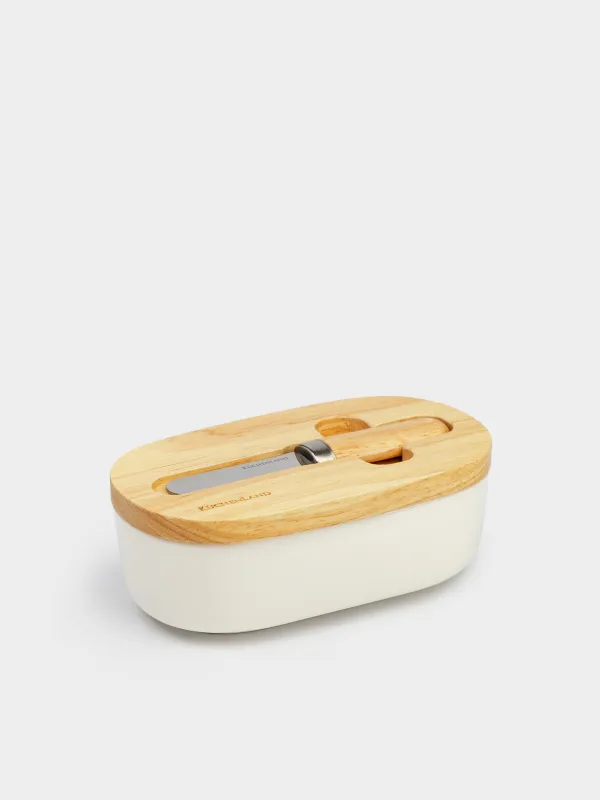 Butter dish, 15 cm, with knife, porcelain N / wood, oval, Light kitchen, image-3