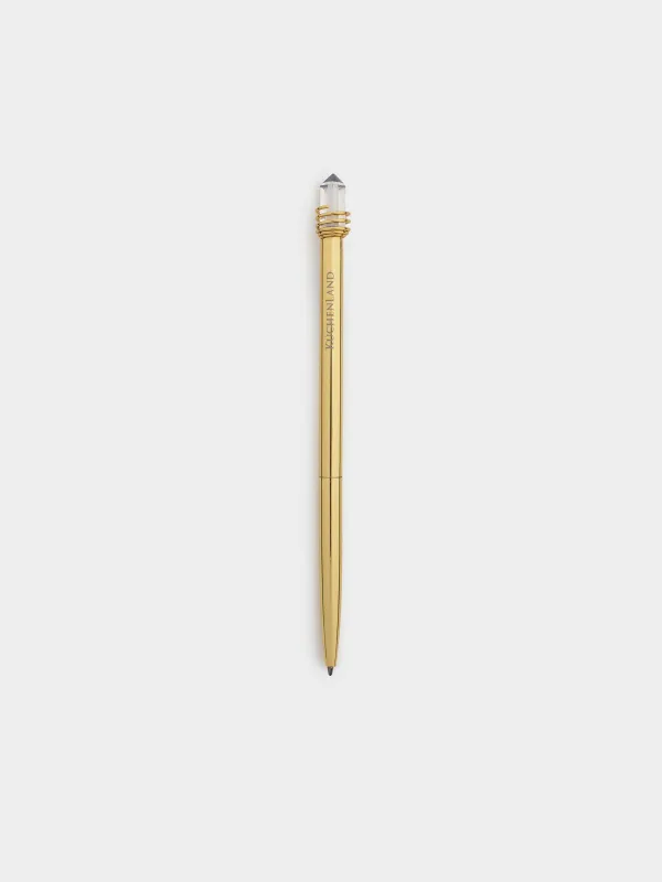 Ballpoint pen, 16 cm, with a figure, metal, gold, Crystal on a spring, Draw figure, image-0