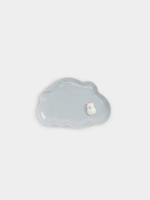 Children's snack plate, 23x16 cm, porcelain P, gray, curly, kitten, friend, image-0