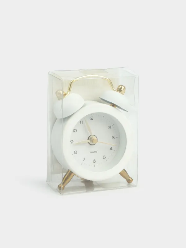 Alarm clock, 8 cm, on legs, metal / glass, round, white and gold, Retro, Dial, image-4