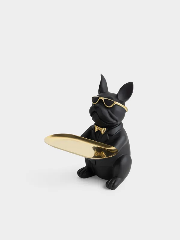 Decorative dish, 23 cm, with piggy bank, polyresin / metal, golden-black, Bulldog, Dog, image-0