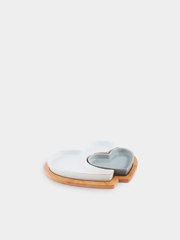 Snack set, 26x22 cm, 2 compartments, collapsible, on a stand, porcelain P / bamboo, white / grey, Heart, image-0