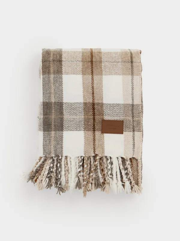 Plaid, 130x170 cm, fringed, chenille, beige-brown, Checkered, Hazel, image-0