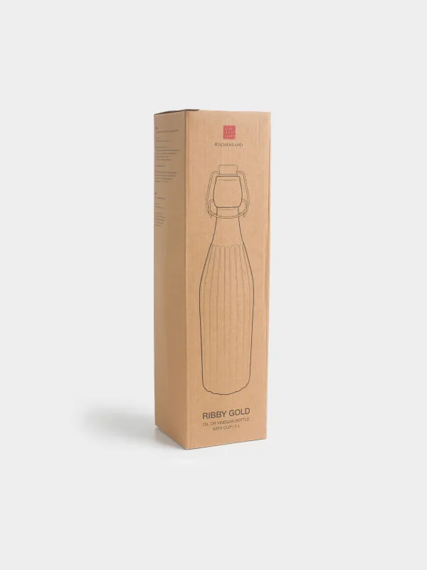 Oil or vinegar bottle, 1 l, with clip, glass R / metal, Ribby gold, image-3