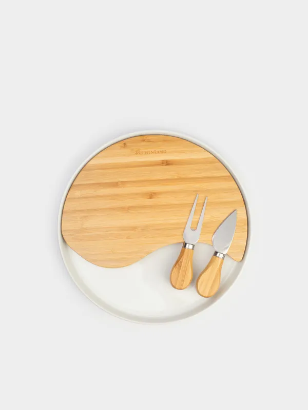 Cheese set, 4 items, dish-board on stand, ceramic / Bamboo, Circle, Cheese, image-1