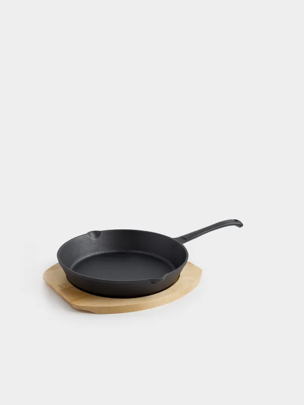Frying Pan with base, 25 cm, cast iron/wood, round, black, Authentic, image-0