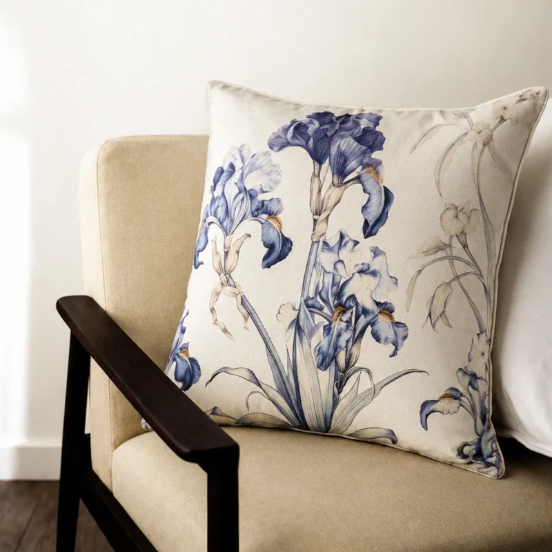 Decorative pillow, 45x45 cm, velvet, milky, Irises, Iris garden