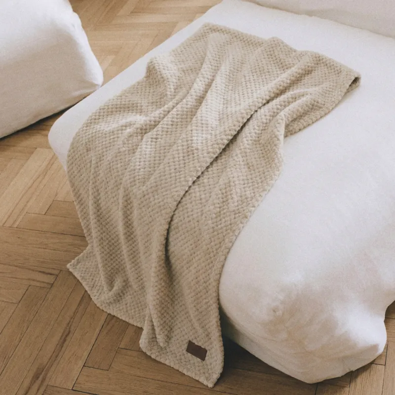 Plaid, 140x190 cm, flannel, beige, Grid, Flannel