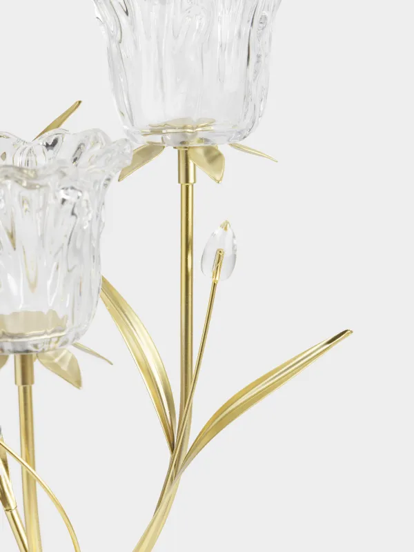 Candlestick, 47 cm, 3 tea candles, glass / metal, golden, Flowers, Fantastic flowers, image-2