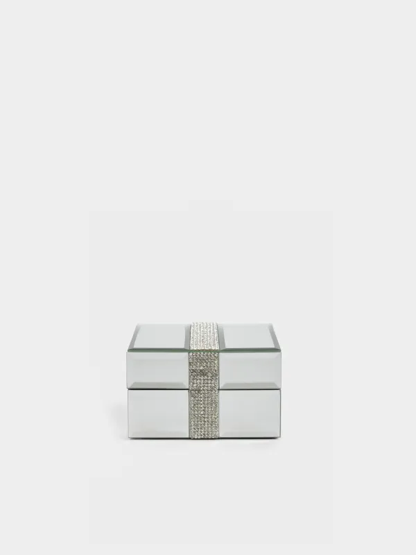 Jewelry box, 12x12 cm, glass, mirror, Silver crystals, Glossy crystal, image-1
