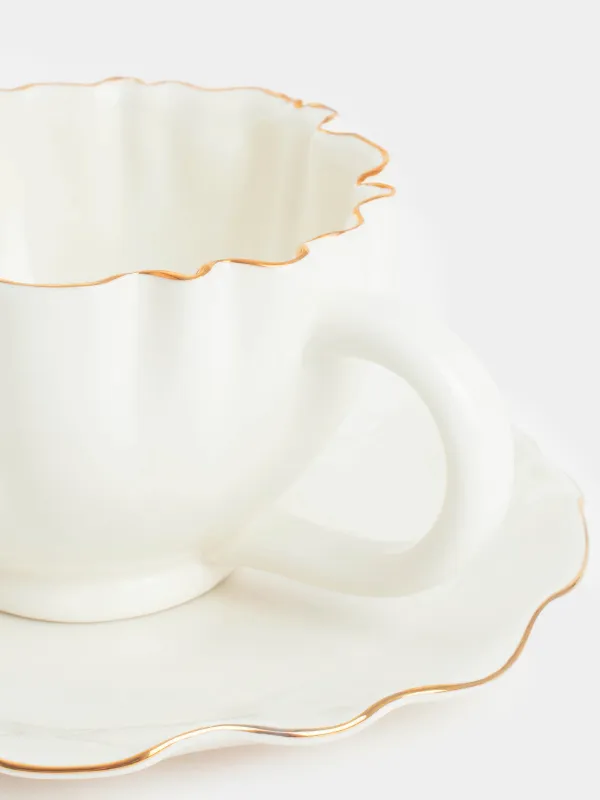 Tea pair, 1 person, 2 items, 350 ml, porcelain P, with golden edging, Crumpled effect, Crumple gold, image-2