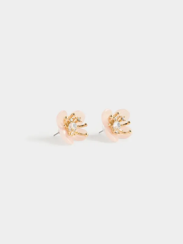 Stud earrings, 3 cm, 2 pcs, metal / zircon/Acrylic, pink, Flower, Jewelry flower, image-1