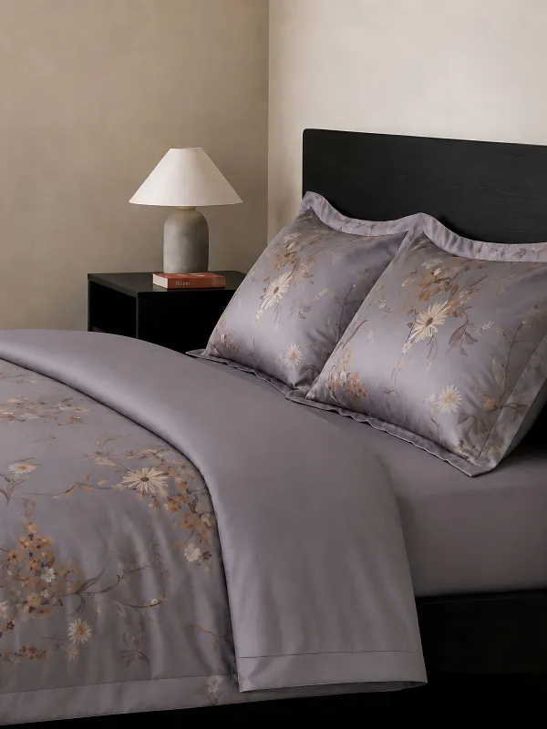 Bed linen set, euro, Tencel 300 TC, grey, Flowers and leaves, Tencel, image-1