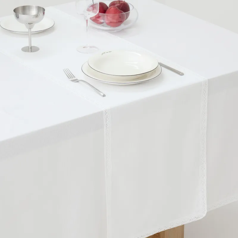 Table runner, 40x160 cm, with PU coating, polyester/viscose/linen, white, Lace, Comely lace