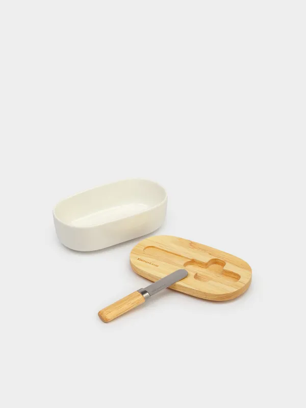 Butter dish, 15 cm, with knife, porcelain N / wood, oval, Light kitchen, image-1