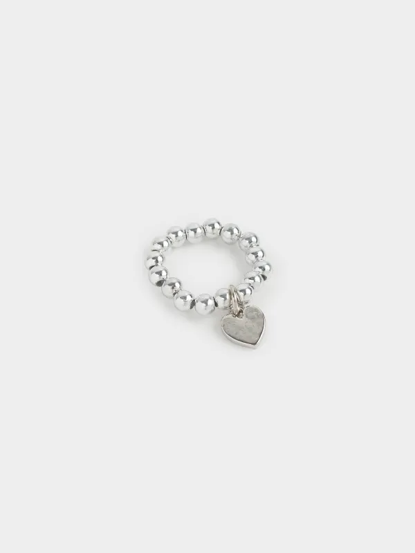 Ring, size S-M, single size, plastic, silver, Heart, Pearl heart, image-1